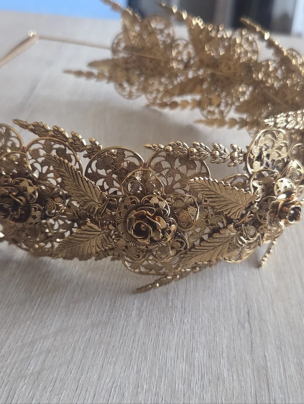 Jennifer Behr Gold Rosamund Tiara Headband - Vintage Brass Filigree Crown